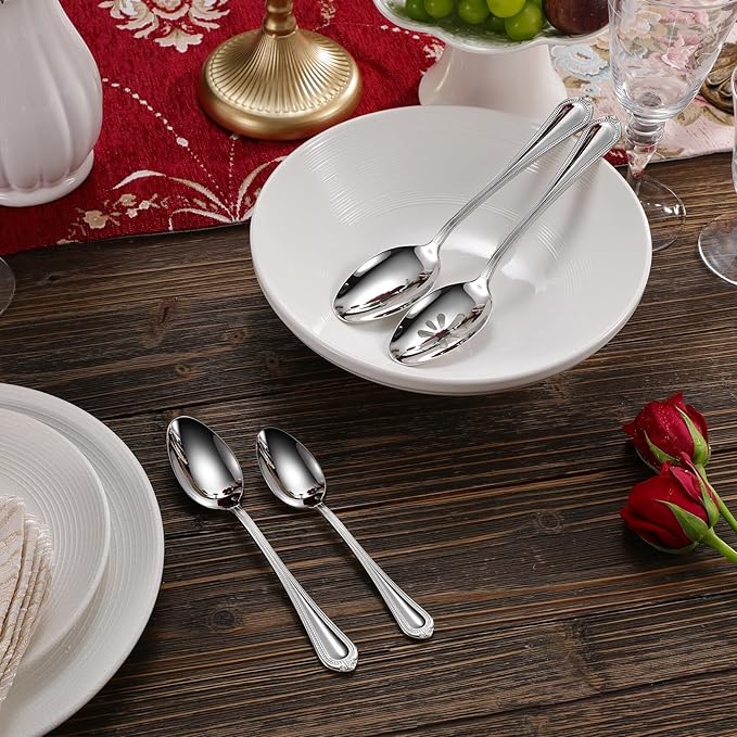 KEAWELL Pearl Edge Premium 65-Piece Refined Bead Silverware Set, 18/10 Stainless Steel, Service for 12, Fine Flatware Set with Serving Utensils, Dishwasher Safe (65, Silver)