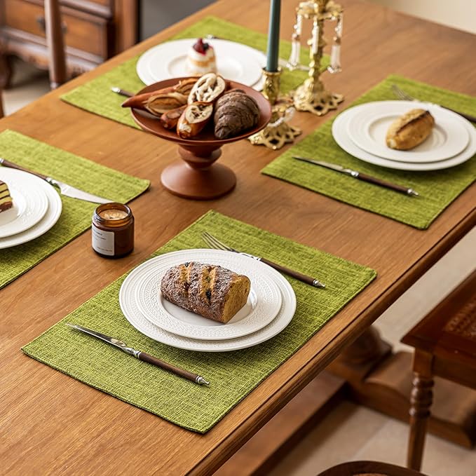 KXN Placemats Set of 8, Dual-Layer Thickened Faux Linen Table Mats, Heat Resistant & Wrinkle-Free, Machine Washable Cloth Place Mats for Kitchen Dining Indoor Outdoor (Green)