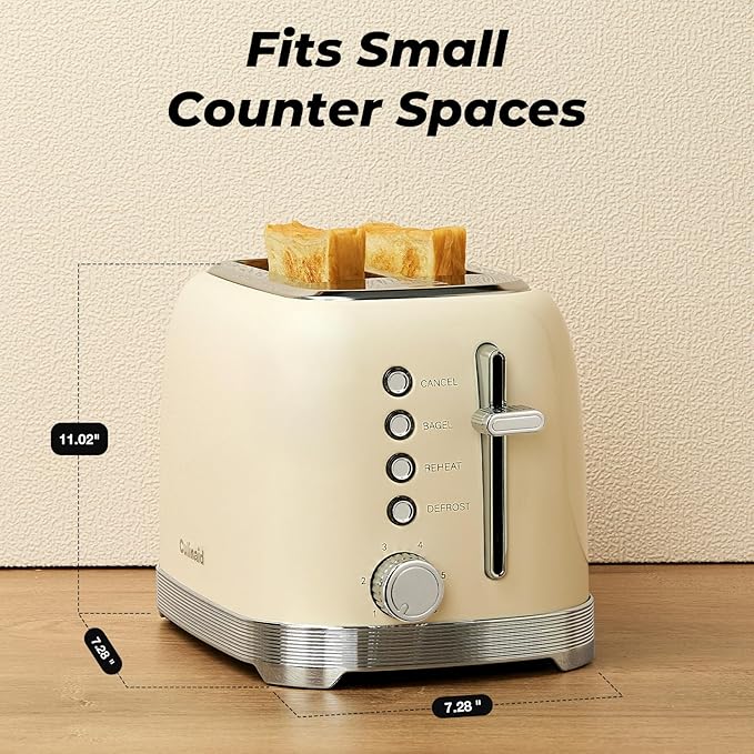Toaster 2 Slice Retro Stainless Steel with 1.5” Extra Wide Slots Bagel, Defrost, Reheat, Cancel Functions, 6 Bread Shade Settings, Removable Crumb Tray, Cream White