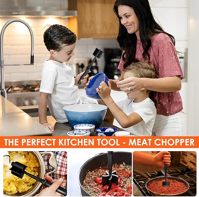 6Pcs Meat Masher, Nylon Nonstick Ground Beef Chopper with 5 Curved Blades & Ergonomic Non-Slip Handle, Heat-Resistant Potato Masher for Kitchen