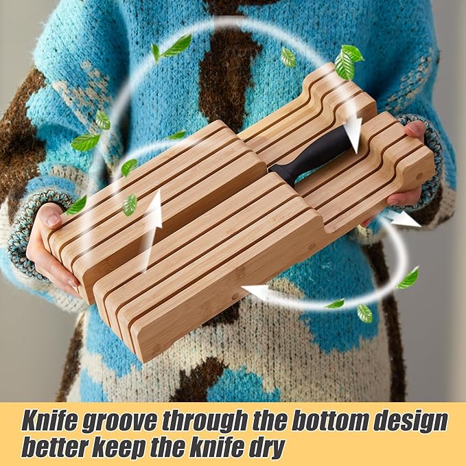 Bamboo Knife Block and In-Drawer Storage, Display Stand and Organizer, In-Drawer Knife Drawer Organizer Holds Up To 7 Knives and 1 Sharpener(Not Included)