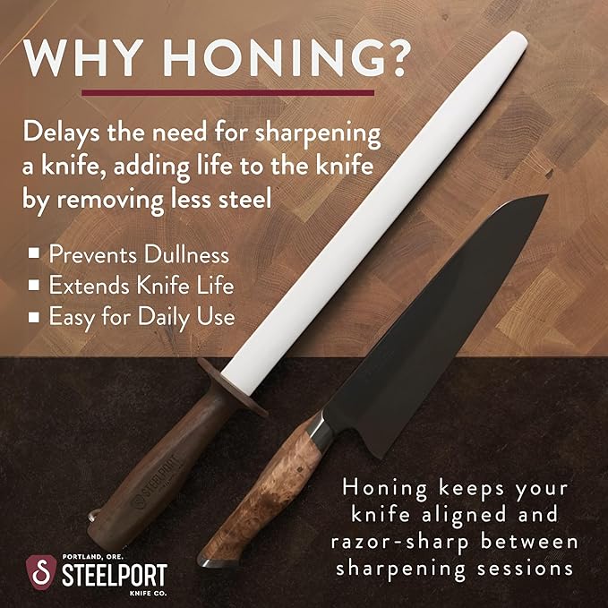 STEELPORT 12 inch Oval Ceramic Honing Rod | Professional Knife Sharpener Rod with Oregon Black Walnut Handle, Safety Guard | Premium Serrated Blade Sharpener For All Knife Types