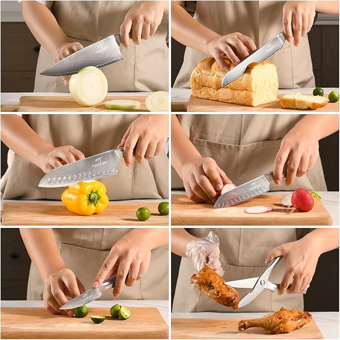 NANFANG BROTHERS® 7 Pieces Damascus Kitchen Knife Set, High Carbon Stainless Steel Damascus Steel Chef Knife Set, Stainless Steel Ergonomic Handle for Chef, Knife Block Set for Chopping NF