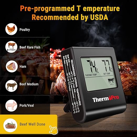 ThermoPro TP16H Large LCD Digital Meat Thermometer for Cooking, Smoking, Grilling, BBQ Food Thermometer with Clock Timer and Stainless Steel Probe, Black