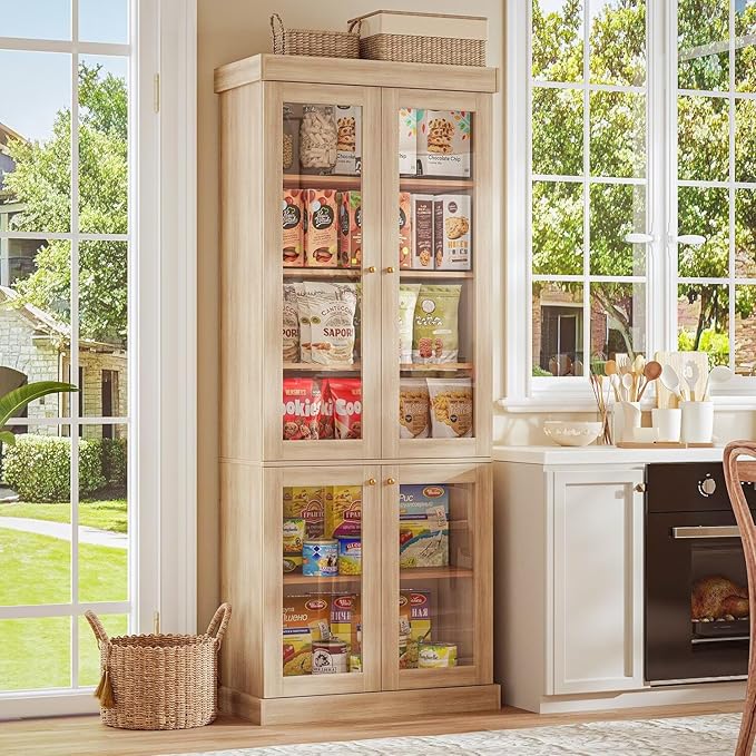 70.8" Tall Brown Bookshelf with Glass Doors, Farmhouse Modular Bookcase with 6-Tier Adjustable Shelves, Large Storage Cabinet for Home Office, Living Room, Set of 4