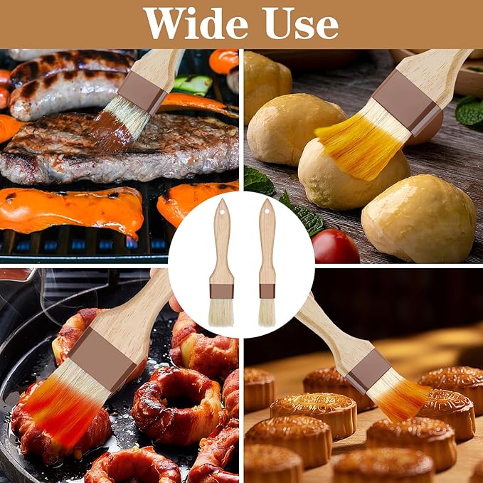 2 Pcs Natural Bristle Pastry Brush, Beech Wooden Handle Basting and BBQ Brushes for Cooking, Butter, Oil, Marinade, Grilling & Baking, Kitchen Food Brush (1 inch & 1.5 inch)