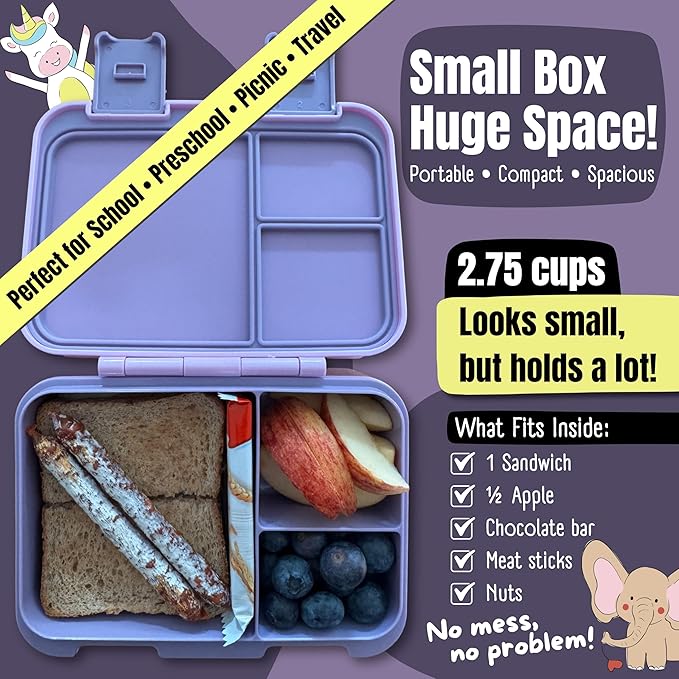 BEARFOOT Kids Lunch Box with Compartments – Compact & Lightweight | Leak-Proof, BPA-Free, Dishwasher & Microwave Safe | Hand-Drawn Design for Preschool, School, Travel (Dog & Cat Purple, 2.75 Cups)