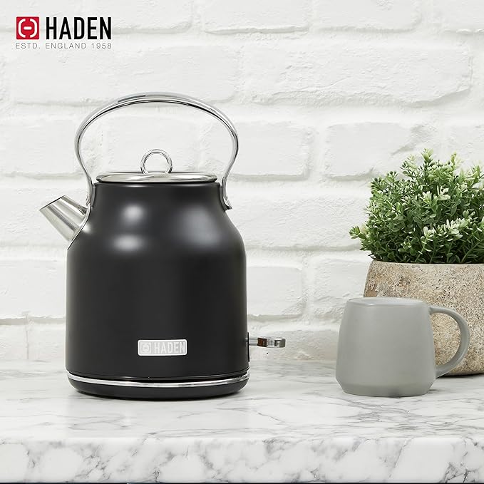 Haden Heritage 4 Slice Wide Slot Stainless Steel Toaster Bundled with 1.7 Liter Stainless Steel Electric Water Kettle, Black & Chrome