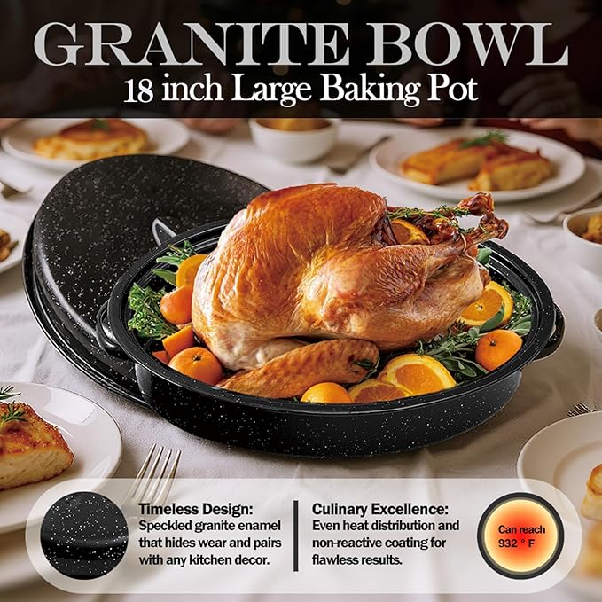 Turkey Roaster Pan 18in Roasting Pan With Lid Enamel Carbon Steel Roaster Pot with 16in Inner Diameter,18 pound large capacity Resistance up 900°F Oval Cookware