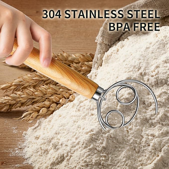 TEEVEA Danish Dough Whisk Stainless Steel Dough Hook Dutch Whisk for Sourdough Bread Dough Mixer Hand Wooden Handle Kitchen Whisking Mixing Tool Bread Making Tools and Supplies