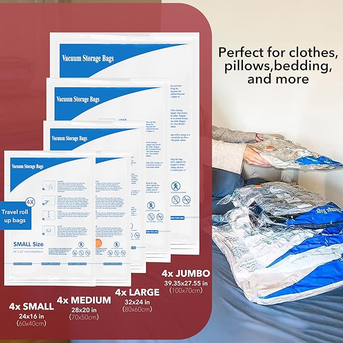 Vacuum Storage Bags 20 Combo (4 Jumbo/4Large/4 Medium/4 Small/4 Roll), Plastic Packaging Bags,Space Saver Sealer Bags for Clothes, Pillows, Comforters, Blankets, Bedding
