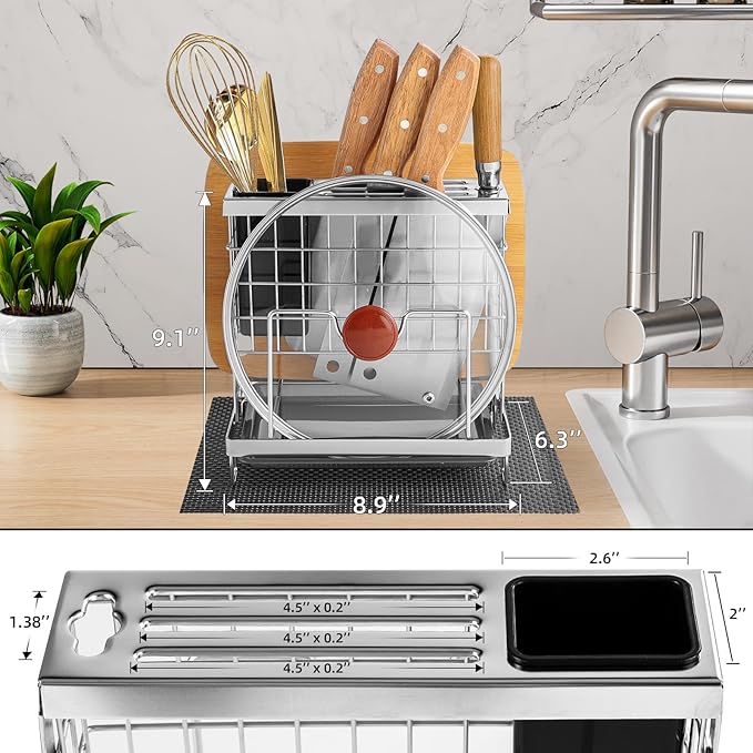 Knife Block Holder, Kitchen Knife Holder Storage Organizer，Utensil & Cutlery Caddy, Cutting Board Holder, Pot Lid Stand with Anti-Slip Pad for Countertop, Space-Saving (Silver)