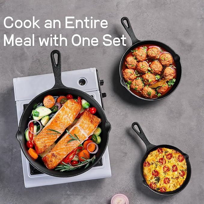 WANGYUANJI Heavy-Duty Cast Iron Skillet Set – Durable Frying Pans for Stove, Oven, Grill & Campfire, Easy to Use and Clean, Black(5.91inch,7.87inch,10.04inch)