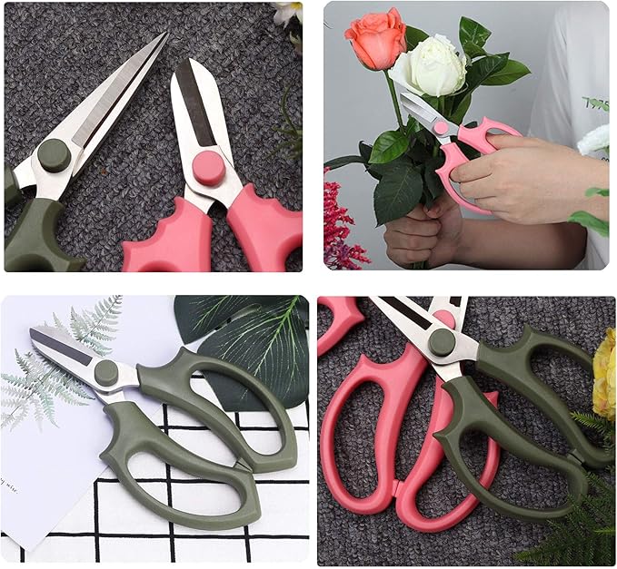 Leize Flower Scissors, Premium Thickened Stainless Steel Floral Shears, Strong Pruner for Flowers, Branches and Leaves (Grey Green Slender 2Pics)