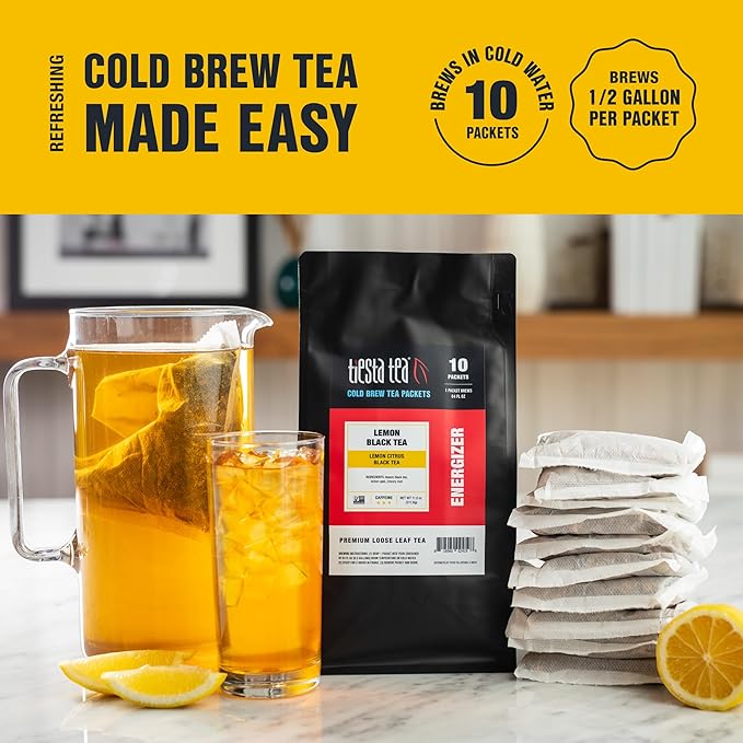 Tiesta Tea - Lemon Black Cold Brew, Loose Leaf, Lemon Citrus Black Tea, Premium High Caffeinated Blend, Cold Brew Packets, Makes 64 oz of Pitcher Per Bag (Pack of 10)