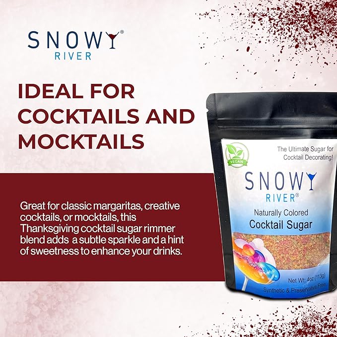 Snowy River Thanksgiving, Cocktail & Margarita Sugar Rimmer - Vibrant Naturally Colored Sugar for Cocktail Rimming, Baking & Decorating, Medium Crystal - 4oz