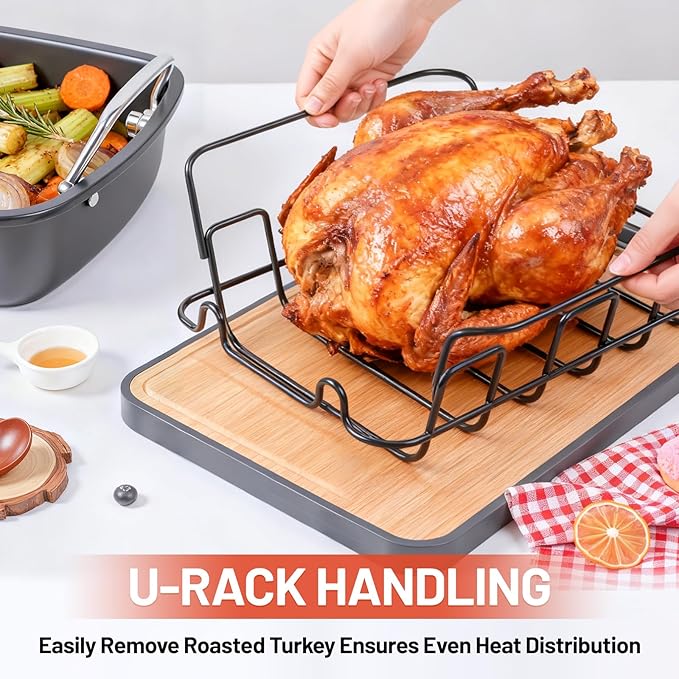 24lb Carbon Steel Nonstick Roasting Pan with Rack - BPA Free, Leak-Proof, 450°F Heat Resistant (17x13x4in) | Oil-Draining, Dishwasher Safe for Thanksgiving Christmas Turkey
