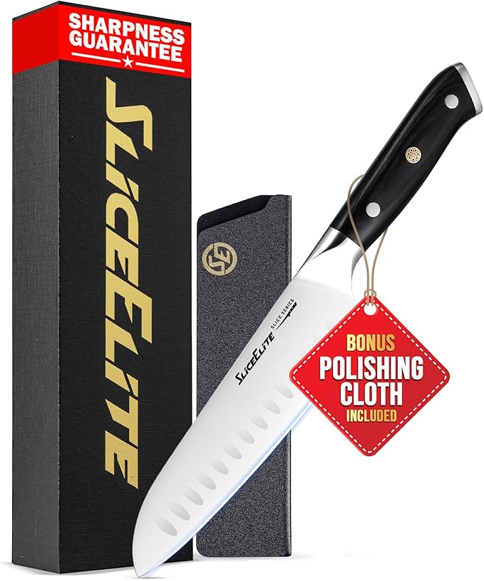 SliceElite Slice Series 7 Inch Santoku Knife High Carbon German Steel Blade Full Tang Pakkawood Handle Polymer Blade Guard Sharp Kitchen Knife for Meat Cutting Chopping BBQ Cooking Chef Vegetable