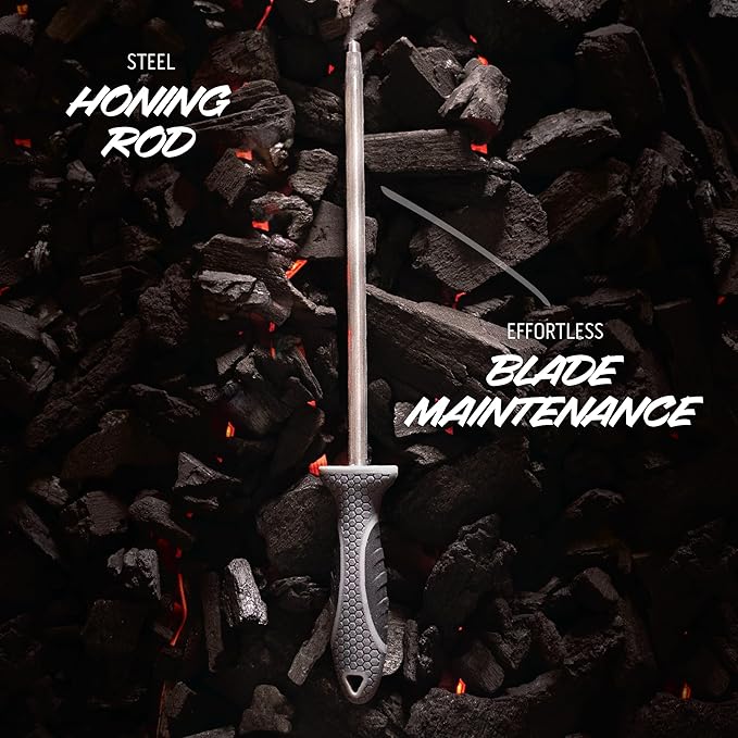 OUTDOOR EDGE ErgoMax Meat Carver Knife Set - Includes Cleaver, Brisket, Butcher & Honing Steel, Premium Titanium-Coated Steel Blades, Non-Slip Rubber Handles, Sharpening Rod