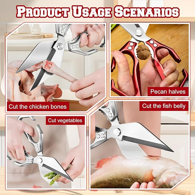 Multifunctional Heavy-Duty Kitchen Shears, Heavy Duty Kitchen Scissors for Food with Ergonomic Handle,Stainless Steel Culinary Shears for Chicken Meat Seafood Bone Cutting,Cooking Accessories (Red)