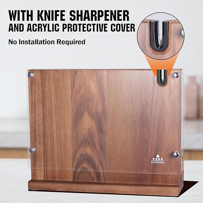 ENOKING Magnetic Knife Block 12.2 x 9.3", Double Sided Magnetic Knife Holde with Knife Sharpener, Acacia Wood Magnetic Knife Stand with Acrylic Shield for Kitchen Countertop