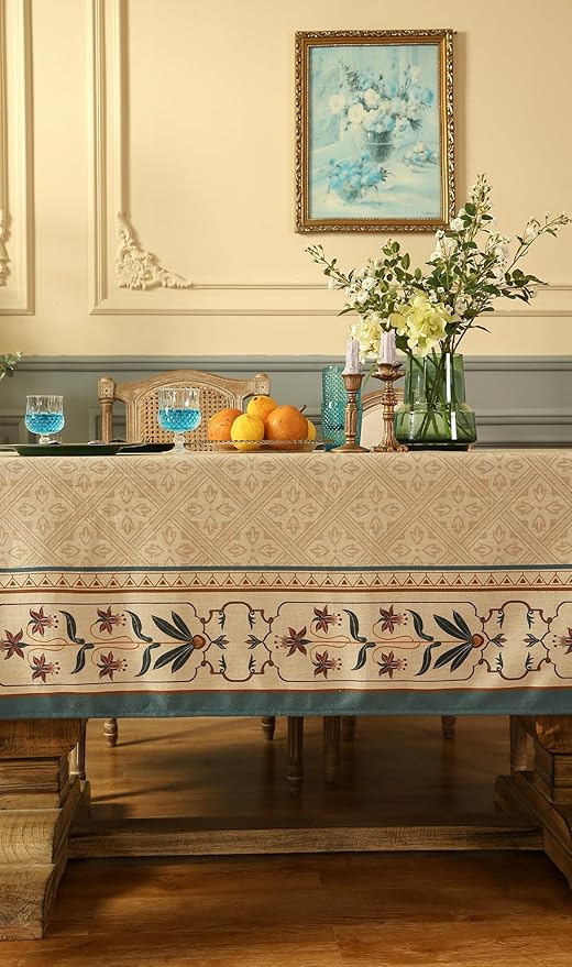 patdrea Designer French Linen Tablecloth for Rectangle Table,Beige Anti-Wrinkle Durable Floral Farmhouse Table Cloth,Decor Covers for Kitchen Dining,Tea Party,Christmas,Thanksgiving,63"x87"-Fram