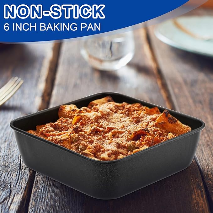 E-far 6 Inch Square Cake Pan, Nonstick Small Baking Pan with Stainless Steel Core for Brownies Lasagna Cakes, Non-toxic & Easy Clean, 2 Inch Deep (Black)