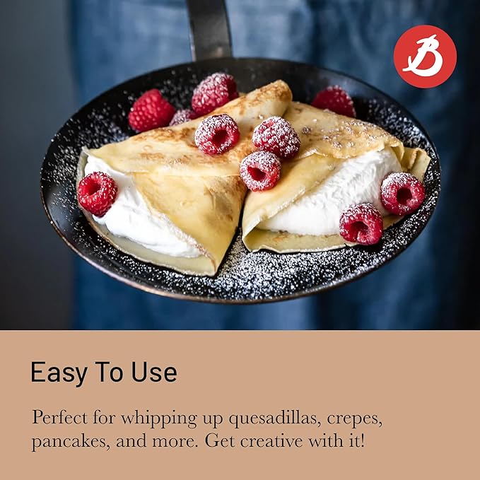 De Buyer Blue Carbon Steel Crepe & Tortilla Pan - 9.5” Diameter, 7.5” Cooking Surface - Ideal for Making & Reheating Crepes, Tortillas & Pancakes - PFAS, PFOA & PFOS Free - Made in France