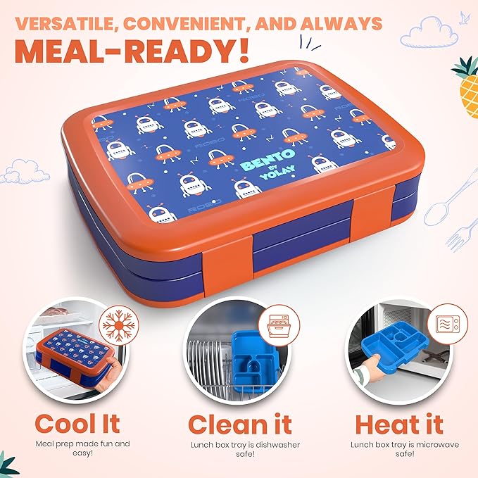 YOLAY Bento Box for Kids Lunch Box Leak-Proof, 5-Compartment Lunch Box Kids for Ages 3-10, Durable with Anti-Slip Base, Suitable for Schools, Outdoor and Travel (Robo)