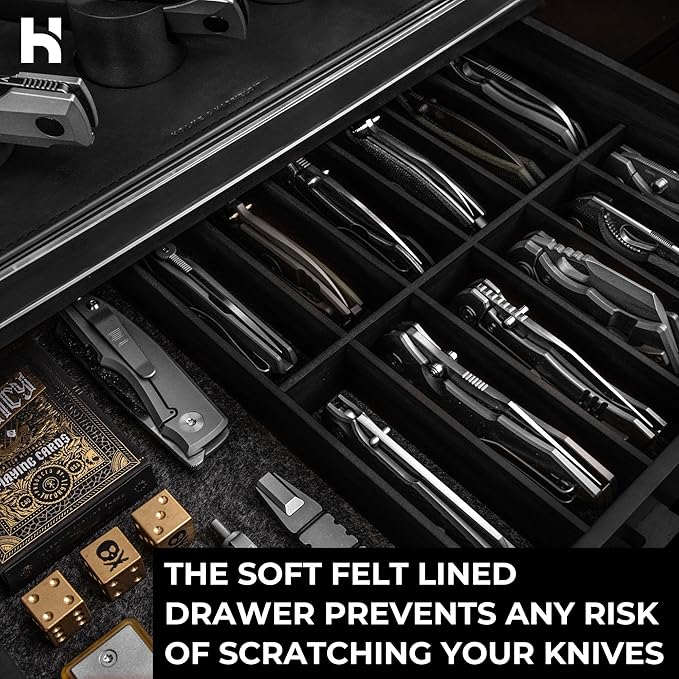 Premium Pocket Knife Display Case for 30 Knives - Large Wooden Knife Organizer, Storage & Holder with Unique Pillars, Hinged Cover, Drawer - Knife Collection Box - Handcrafted for Men