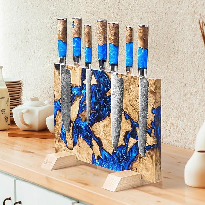 SENKEN "Dark Tsunami" Extra Large Magnetic Knife Block - Holds Up to 16 Knives - Knife Block without Knives, Beautiful Dark Blue Resin & Burl Wood Blend Knife Holder ("Dark Tsunami " Blue Resin Blend)