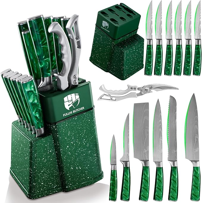 FULLHI 14pcs Block Knife Set, Chef's Knife Steak Knives Set with Block and Sharpener, Kitchen Knife Set, Multi-colour Handle, Gifts for Men Women