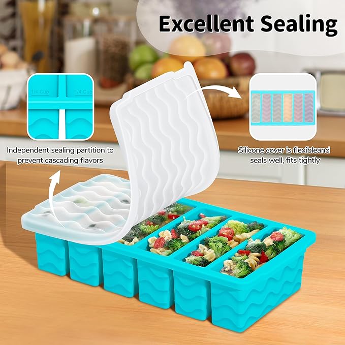 4-Pack Silicone Freezer Trays with Lid,2*【2 Large 2-Cup(500ml)&6 Small 1/2-Cup(125ml)】Soup Freezer Container Molds,Ice Cube Tray For Meal Prep&Freezing Soup,Stews,Sauces,Oven&Dishwasher-Safe