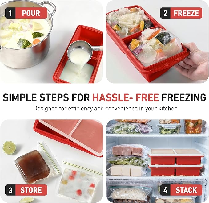 Silicone Freezer Tray with Lid Soup Freezer Container Molds with Steel Reinforced Rim Ice Cube Freezer Molds for Soup, Sauce, Leftovers, Homemade Meal Prep Containers Kitchen Accessories