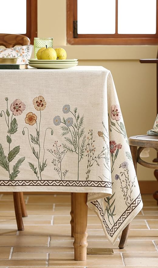 ISAENNE Designer Off White Linen Rectangular Tablecloth,Floral Elegant Table Cloth,Stain Resistant Vintage Decor Tablecloths for Dining Thanksgiving Kitchen Christmas,55"*87"-Serenity G