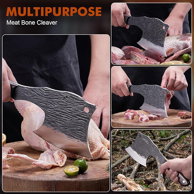 Heavy-Duty Bone Chopper Knife Hand Forged Meat Cutting with Cover Meat Bone Cleaver Knife High Carbon meat knife for Kitchen Outdoor Camping BBQ men gifts
