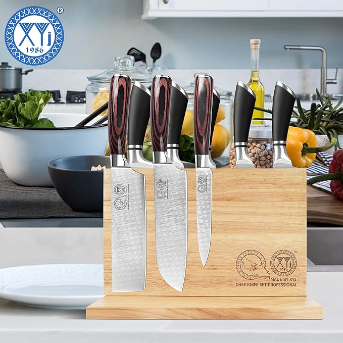 XYJ Authentic Since 1986, Magnetic Knife Block, Double Side Kitchen Knife Holder, Natural Wood, Knife Cutlery Display Stand, Organizer Storage Rack for Home Kitchen