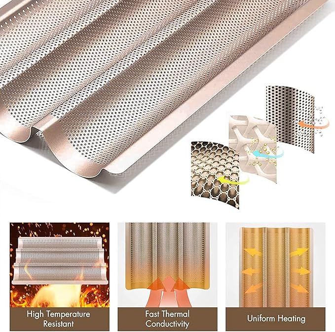 Hesanzol Baguette Pans for Baking 15" x 11", Carbon Steel 3 Loaf Nonstick Baguette Baking Tray for French & Italian Perforated French Bread Pan (2pack - Gold)