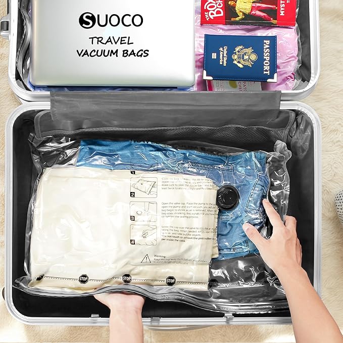 SUOCO Travel Vacuum Seal Bags for Clothing with Rechargeable Electric Pump, 15 Pack Compression Packing Bags for Luggage Suitcase Backpack, Carry-on Size Space Saver Storage