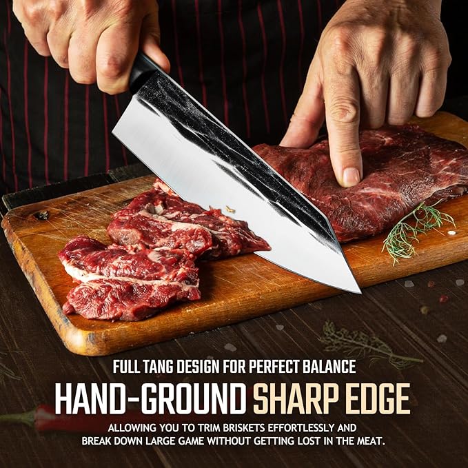 Huusk Japanese Cooking Knife, Butcher Knives for Meat Cutting, Hand Forged Kitchen Knives with Full Tang Handle, Brisket Trimming Knives with Sheath for BBQ, Camping, Gifts for Men