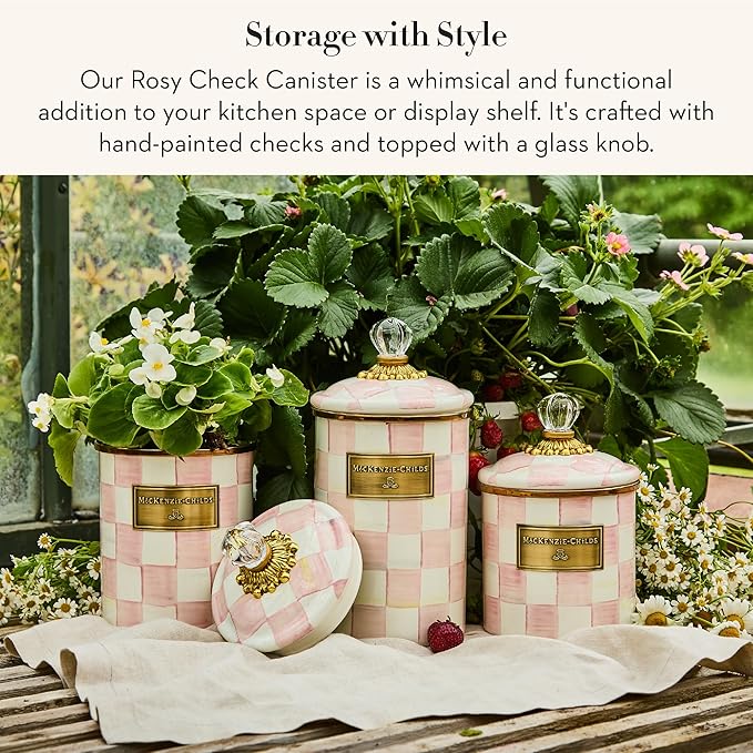 MACKENZIE-CHILDS Small Enamel Canister, Kitchen Storage Container for Flour and Sugar, 38 Ounces, Pink-and-White Rosy Check