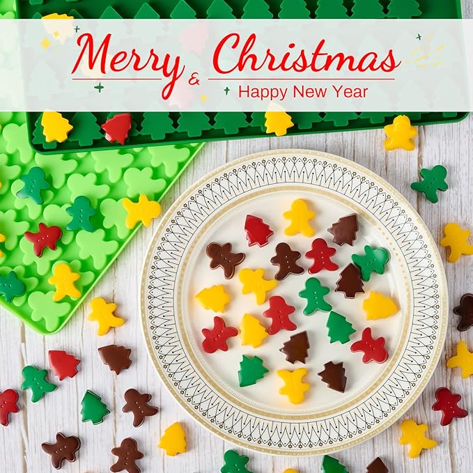JOERSH Christmas Chocolate Silicone Molds, 2PCS Mini Christmas Tree and Gingerbread Man Shaped Candy Mold Non Stick for Fondant, Gummy, Jello, Dessert Cake Decorating