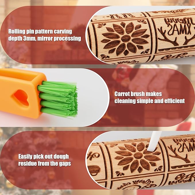 17" Premium Wooden Rolling Pins for Baking with XMAS Embossed Designs | 3mm Deep Springerle Cookie Molds | Christmas Rolling Pin & Baking Gifts for Women | Includes 3-in-1 Cleaning Brush