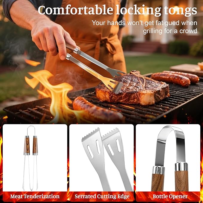 BBQ Grill Tools Set, Stainless Steel Grilling Set with Storage Bag, Spatula, Fork, Cleaning Brush Grill Set, Grill Accessories for Outdoor Cooking Camping, Grilling Gifts for Men