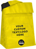 DISCOUNT PROMOS 100 Hook and Loop Insulated Lunch Bags Set - Customizable Text, Logo - Polyester, Durable, Vibrant, Reusable - Yellow