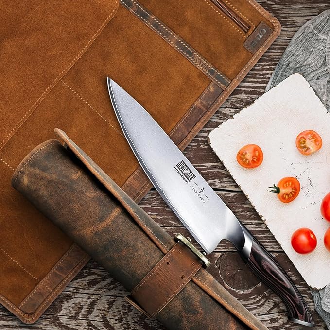 ELIZO Leather Knife Roll Bag Professional Chef Knife Case, Durable Knife Sheath Holder, Cooks & Culinary Tools Carrying Storage, Portable Knife Wrap - 4 Slots (Saddle)