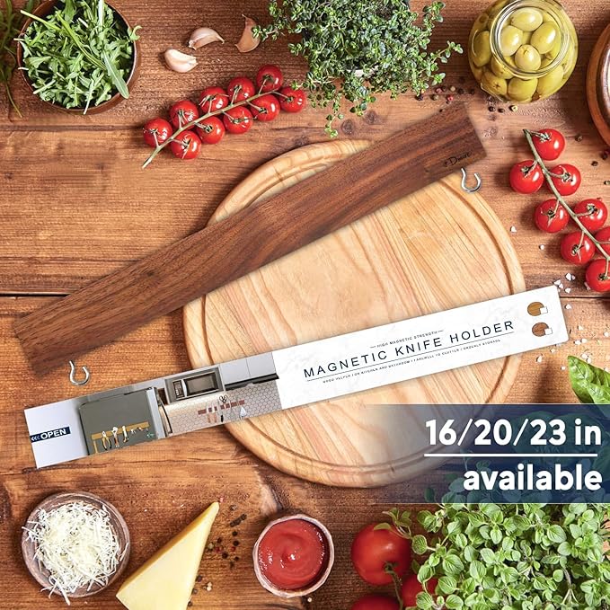 Dmore magnetic knife holder for wall—with 2 hooks, No Drilling 16 Inch walnut knife magnetic strip, Powerful knife magnet rack, include Adhesive Tape and screws for Knives, Utensils, and Tools