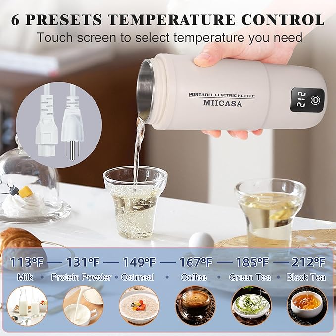 Travel Kettle,Miicasa Dual Voltage Portable Electric Kettle 110V-240V Smart Small Water Boiler for Tea & Coffee,6 Temperature Control,for Global Use,17oz