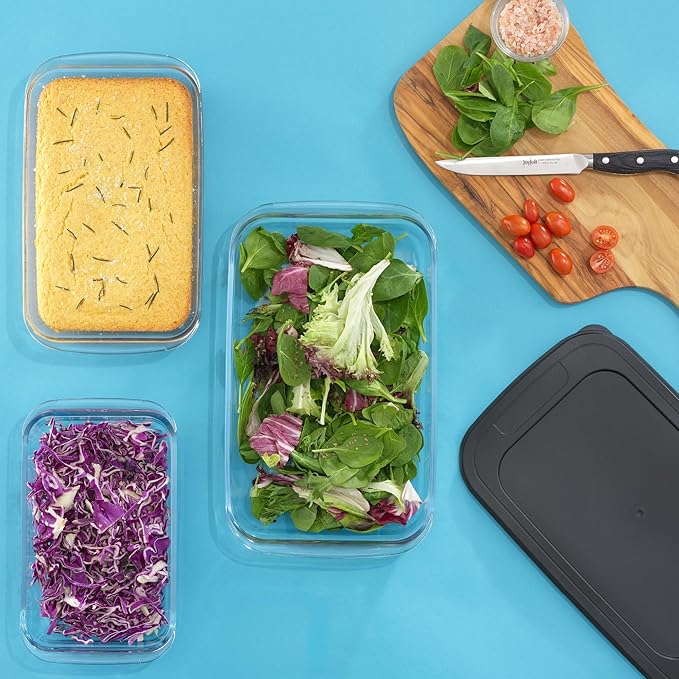 JoyJolt 8-Piece Borosilicate Glass Oven Dishes with Black Lids, Rectangle Deep Glass Baking Dish Set, Baking Pans for Lasagna Casserole Cake, Bakeware Set, Freezer to Oven Tray to Dishwasher
