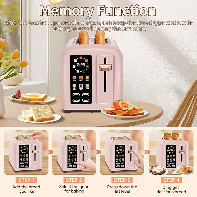 SEEDEEM Toaster 2 Slice, Touch Control Stainless Toaster LCD Display, 50% Faster Heating Speed, 1.4'' Wide Slots, More Timer Functions, Removable Crumb Tray, 1350W, Crystal Pink